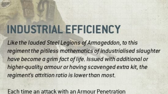 Warhammer 40k astra militarum army guide - Games Workshop image showing the rules for the Industrial Efficiency Regimental Doctrine