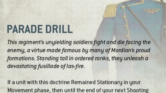 Warhammer 40k astra militarum army guide - Games Workshop image showing the rules for the Parade Drill Regimental Doctrine