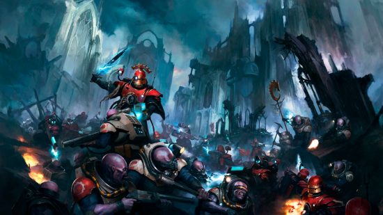 Warhammer 40k background writer - art by Games Workshop showing a battle between cyborg Skitarii and alien-human hybrid Genestealer cultists in a ruined cityscape.