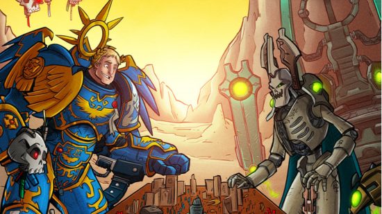 Warhammer 40k background writer - illustration by Warhammer Community showing Roboute Guilliman, a superhuman in power, and Szarekh, a silver robot, playing a tabletop wargame.