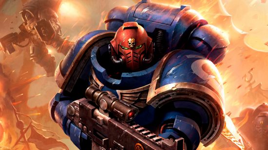 Warhammer 40k background writer - artwork by Games Workshop of an Adeptus Astartes space marine in blue armour, wearing a red helmet and carrying a large, black boltrifle