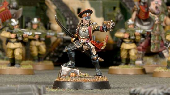 Warhammer 40k Astra Militarum Deathstrike missile rules - Games Workshop image showing the model for Commissar Severina Raine with cadian troopers behind her