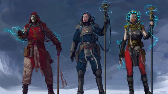 Warhammer 40k Darktide release date and news - Fatshark image showing three concept art figures for the psyker class
