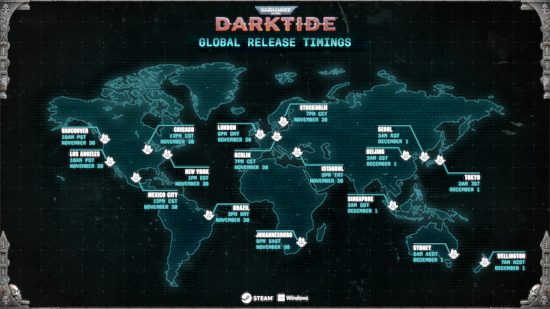 Warhammer 40k Darktide classes and release time - Fatshark graphic showing the global release times