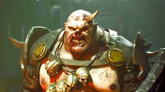 Warhammer 40k Darktide weapons - Fatshark screenshot showing the face of a chaos ogryn