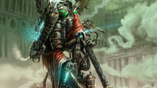 Warhammer 40k a robed tech priest covered in machinery, hunched over.