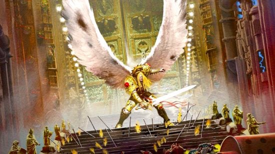 Warhammer 40k Horus Heresy book order - Games Workshop artwork showing Blood Angels Primarch Sanguinius on the steps of the Imperial Sanctum