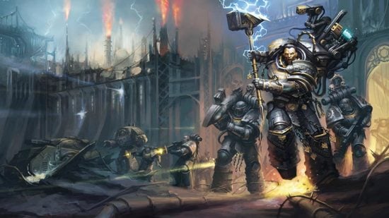 Warhammer 40k Horus Heresy book order - Games Workshop artwork showing Perturabo and Iron Warriors attacking