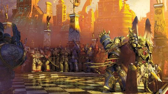 Warhammer 40k Horus Heresy book order - Games Workshop artwork showing Roboute Guilliman and Sanguinius declaring Imperium Secundus