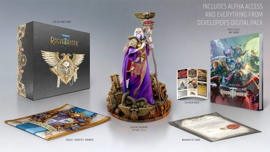 Warhammer 40k Rogue Trader Collector's Edition contents - Owlcat Games image showing the collectors edition box, rogue trader banner, warrant of trade, art book, sticker pack, and Cassia statue
