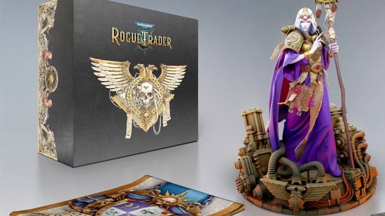 Warhammer 40k Rogue Trader Collector's Edition contents - Owlcat Games image showing the collectors edition box and Cassia statue