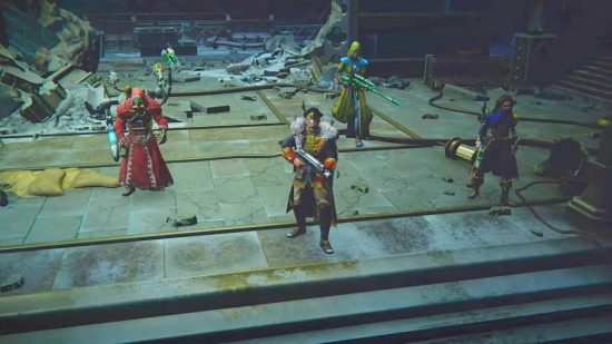 Warhammer 40k Rogue Trader Collector's Edition contents - Owlcat Games gameplay trailer screenshot showing a party of heroes including an Astra Mlitarum soldier, Adeptus Mechanicus techpriest, and Eldar ranger