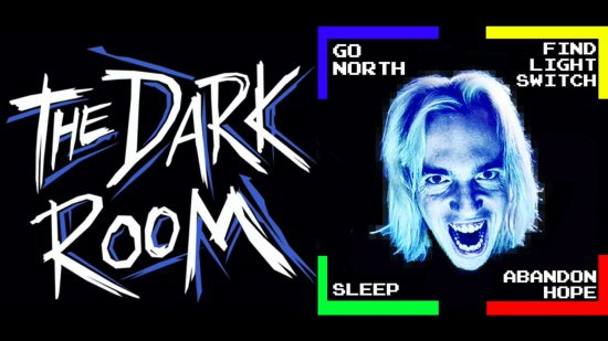 Comedy game twitch stream The Dark Room raising funds for charity - Title screen of The Dark Room ,showing John Robertson's face and strange adventure game commands