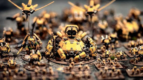 Full Spectrum Dominance is like Warhammer 40k meets Total Annihilation - models by The Lazy Forger, an army of large yellow warmachines and infantry from the Tech faction