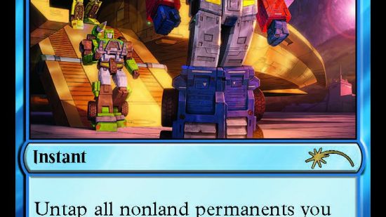 MTG Secret Lair Transformers card Dramatic Reversal with blue and red robot Optimus Prime leading two other Transformers out of a carrier vehicle