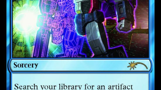 MTG Secret Lair Transformers card Fabricate with a picture of the armoured robot Galvatron, partly rendered as a schematic