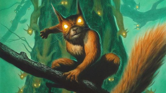 MTG fireside chat was in a different language - art for Chatterstorm by Wizards of the Coast, a red squirrel with glowing yellow eyes perches on a treebranch