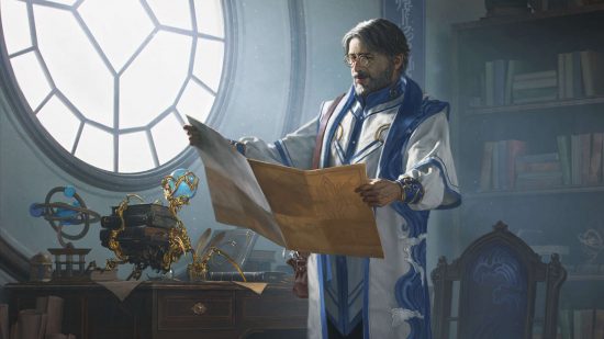 MTG fireside chat was in a different language - Drafna, founder of Latnam illustration by Wizards of the Coast, a middle-aged male scholar in a white and blue robe, inspecting schematics in front of a circular window