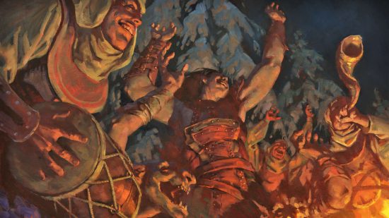 MTG fireside chat was in a different language - Fires of Victory art by Wizards of the Coast, a group celebrate in firelight