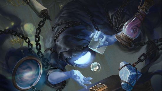 MTG fireside chat was in a different language - art by Wizards of the Coast showing a hovering ghost taking a large clear jewel out of its glass container