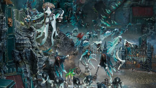 Nighthaunt army guide - photo by Games Workshop of a model army of ghosts pouring out of a graveyard