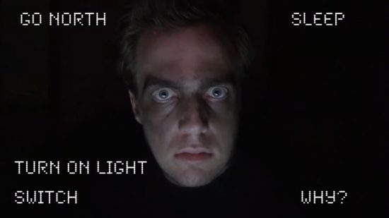 Comedy game twitch stream The Dark Room raising funds for charity - a still from the original Dark Room YouTube game, showing John Robertson's face surrounded by strange adventure game commands