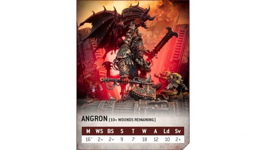 Warhammer 40k Angron rules revealed - photo snippet from a Warhammer Community article showing Angron, a winged daemon wielding a sword and axe, and his Warhammer 40k game statistics.