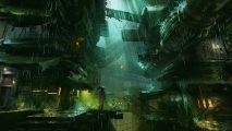 Warhammer 40k Darktide solo mode screenshot - a slum in an industrialised city, shot through with blue-green light
