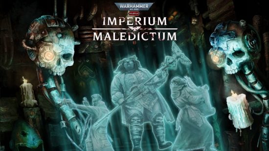 Warhammer 40k Imperium Maledictum RPG rules preview - illustration by Cubicle 7 of three holographic figures, a gunslinger, staff-wielding psychic and an acolyte holding parchment, between two skulls fitted with cybernetics