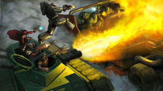 Warhammer 40k Wrath and Glory humble bundle - artwork by Cubicle 7 from the cover of Church of Steel, showing a speeding armoured personnel character and a ramshackle open-back truck in neck-and-neck pursuit, an armoured space marine leaping over the flames of the turret to assault the alien Orks driving the truck