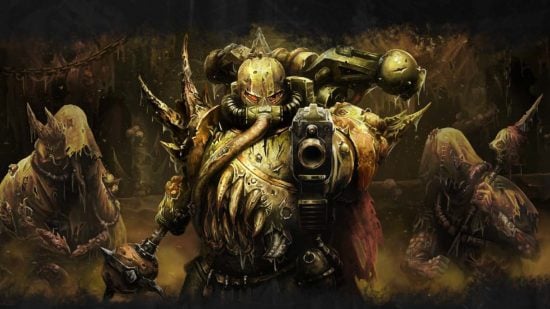 Warhammer 40k Wrath and Glory Humble Bundle - cover art from Lord of the Spire by Cubicle 7, a hideously mutated Death Guard space marine points a boltgun directly at us