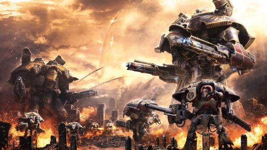 What is Warhammer 40k - photograph by Games Workshop of a battle scene between model Titan war-engines, huge bipedal robots protected by forcefields wielding devastating weaponry