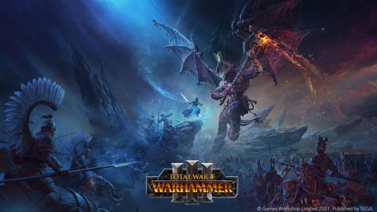 Warhammer 40k Christmas Bonus - key art by Creative Assembly for the game Total War Warhammer 3, featuring a huge, winged, red daemon, descending to attack a blue frost sorceress