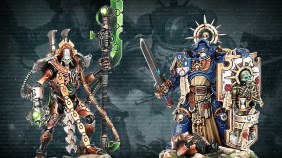 Warhammer 40k Christmas bonus 2022 - photograph by Games Workshop of a bronze Necron robot weilding a large green halberd, and a blue-armoured space marine armed with sword and shield