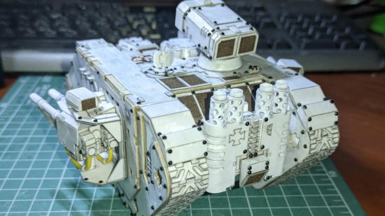 Warhammer 40k Land Raider papercraft model by Denys Tsokhla, rear of the tank showing details of the engine