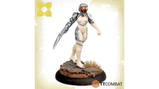 Warhammer 40k Scale Mini by TTCombat - PHR warrior, a post-human cyborg with silver arm, reflective face-helmet, wearing a white body glove