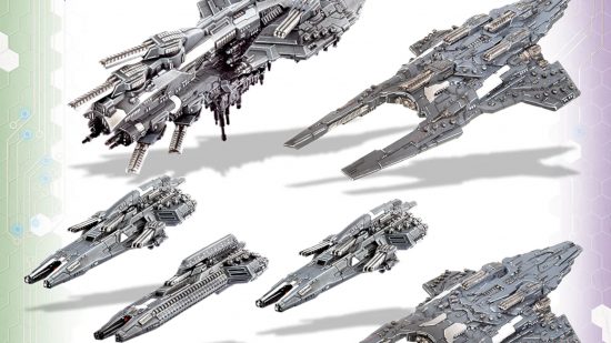 Warhammer 40k scale minis - photography by TTCombat of minis from the Dropfleet Commander wargame, a fleet of silvery-black space vessels