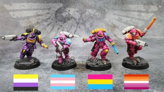Warhammer 40k Space Marine Kill Team models painted by CerberusXT in four different LGBTQ pride flag colours