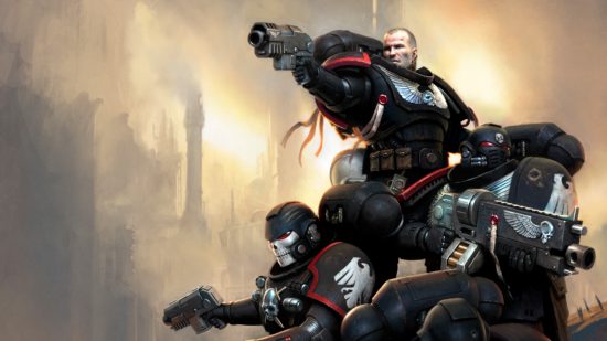 What is Warhammer 40k - illustration by Games Workshop of Ravenguard Space Marines in a defensive formation, wearing black power armour