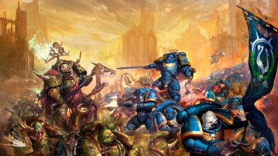 What is Warhammer 40k - art by Games Workshop, Ultramarines Space Marines in blue power armour fight the diseased, Nurgle-worshipping Death Guard