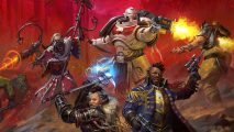 Warhammer 40k Wrath and Glory humble bundle - cover art from the Wrath and Glory RPG by Cubicle 7, depicting a white-armoured space marine, cowled techpriest, hammer-wielding warrior and blue-coated noble forming a defensive circle against an oncoming but unseen enemy
