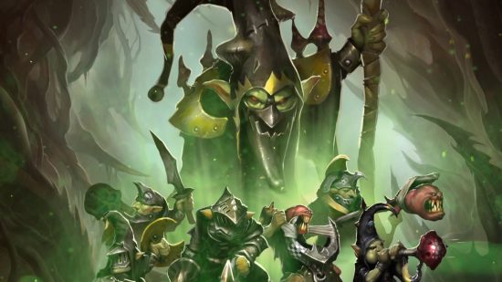Warhammer Underworlds Grinkrak's Looncourt review - key art by Games Workshop showing a band of goblins wielding bizarre armaments and dressed in a rough approximation of knightly armour - their leader Grinkrak, cowled and hooded, looms behind them