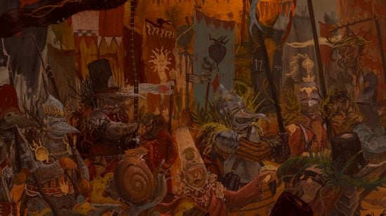 Warhammer with Root Vegetables - art by Max Fitzgerald, a troop of soldiers in turnip-nosed helmets, bristling with roots