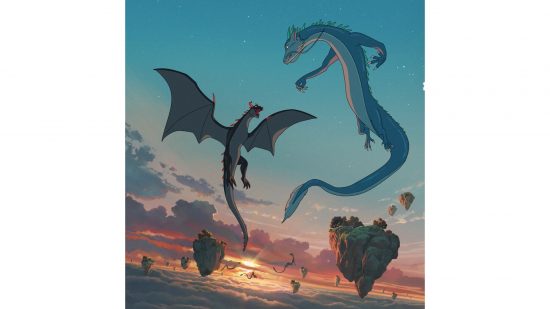Achroma - two giant dragons flying around floating islands