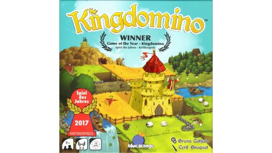 Best cheap board games guide - publisher sales photo showing the Kingdomino board game box art
