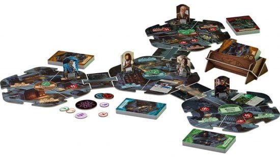 Best horror board games guide - publisher sales photo showing the Arkham Horror board game in play, with board segments, standee player pieces, cards, and tokens
