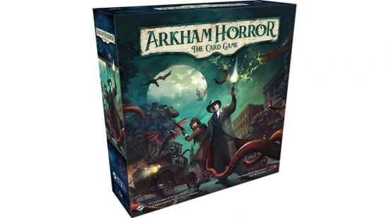 Best horror board games guide - publisher sales photo showing the Arkham Horror card game starter set box art