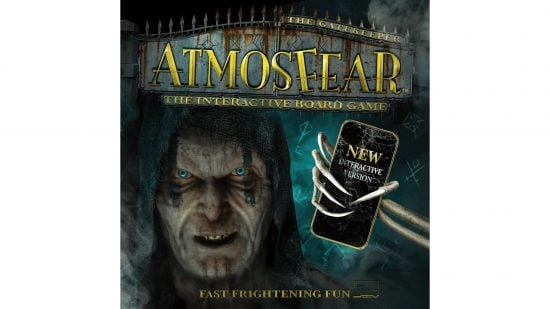 Best horror board games guide - publisher sales photo showing the Atmosfear DVD board game box art, featuring the spooky gatekeeper face