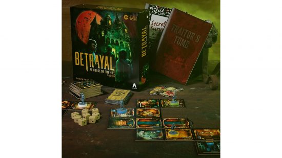 Best horror board games guide - publisher sales photo showing the Betrayal at House on the Hill 3rd edition board game box, board, and game pieces