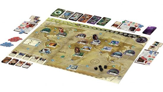 Best horror board games guide - publisher sales photo showing the Eldritch Horror board game pieces, board, and cards in play